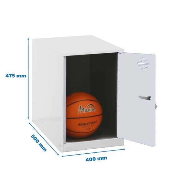 Weißer Spind mit offener Tür und Maßangaben, darin ein Basketball