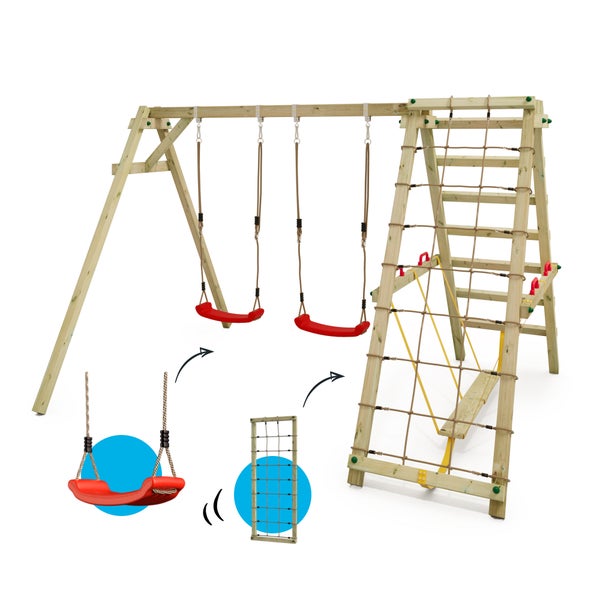 WICKEY Kinderschaukel Schaukelgestell Smart Hike , Schaukel mit Kletteranbau und Schwebebalken, Doppelschaukel, Holzschaukel - rot