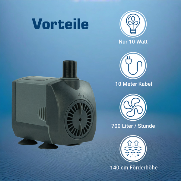 Wasserpumpe mit Produktdetails: 10 Watt Leistung, 10 Meter Kabellänge, 700 Liter pro Stunde Fördermenge und 140 Zentimeter Förderhöhe.