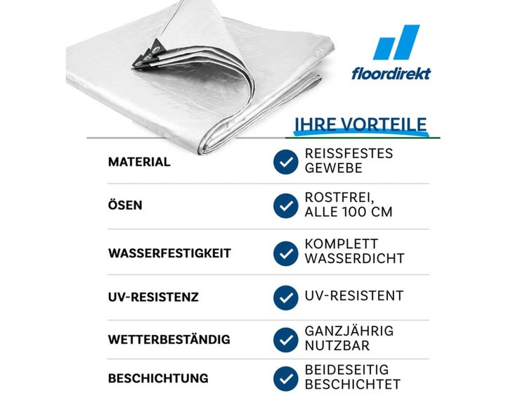 FLOORDIREKT Abdeckplane - Wasserdichte Plane - mit Ösen - Schutzplane - 240 g/m² - 8 x 10 m - Weiß