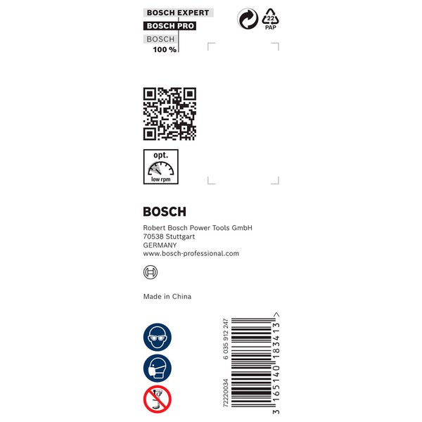 Bosch Expert, Bosch Pro, Bosch Logo, Papier-Recycling-Symbol, QR-Code, Diagramm für niedrige Drehzahl, Barcode, Informationen zum Hersteller, Schutzsymbole: Augenschutz, Atemschutz und Verwendung verboten