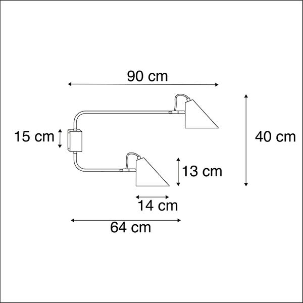 Technische Zeichnung einer Wandleuchte mit den Maßen 90 cm Breite, 40 cm Höhe, Lampenschirm Breite 14 cm und Lampenschirm Höhe 13 cm