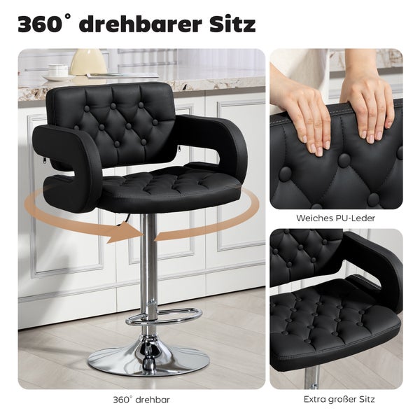 Barhocker mit 360 Grad drehbarem Sitz, weichem PU-Leder mit Knopfheftung und extra großer Sitzfläche auf verchromtem Standfuß.