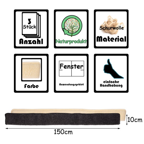BigDean 3x Zugluftstopper für Fenster 150cm - 100% Schurwolle - Beige - Luftzugstopper Durchzugstopper Windstopper - Made in Germany