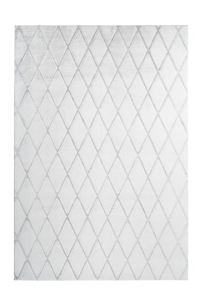 Rechteckiger Teppich mit grauem Rautenmuster.