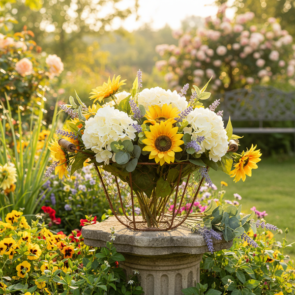 Blumenarrangement mit Sonnenblumen und Hortensien in einem Drahtkorb auf einem Steinsockel in einem sonnigen Garten.