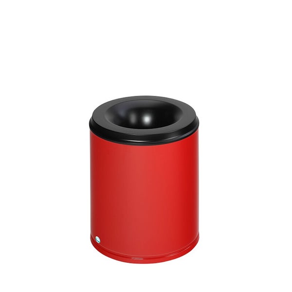 Roter zylindrischer Standaschenbecher aus Metall mit schwarzem Trichterdeckel.