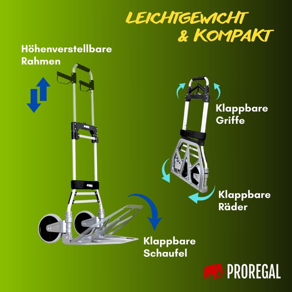 PROREGAL Klappbare Profi-Sackkarre ELEPHANT HxBxT 115x50x53cm Traglast 150kg Aluminiumrahmen, ergonomische Griffe, TRR Fachgummiräder Silber