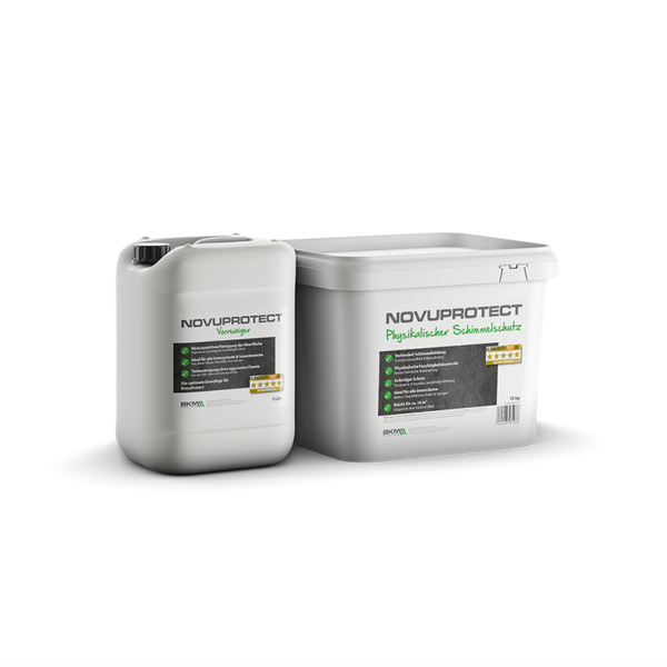 NovuProtect Vorreiniger 5 Liter Kanister und NovuProtect Physikalischer Schimmelschutz 10 Kilogramm Eimer.