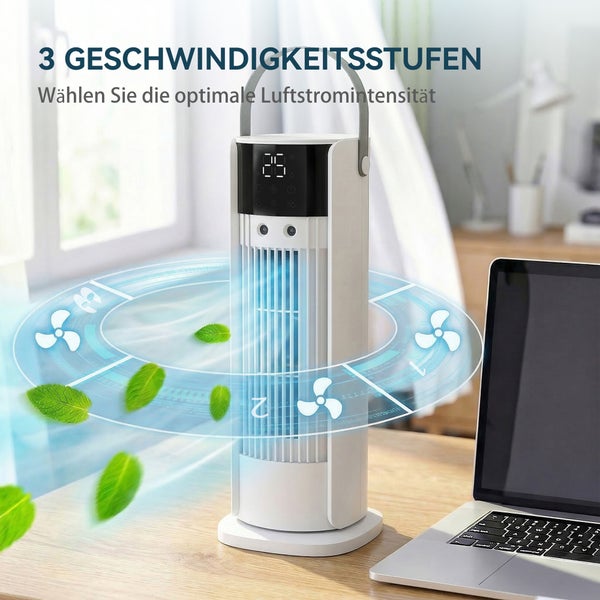 Tragbarer Turmventilator und Luftkühler auf einem Schreibtisch, 3 Geschwindigkeitsstufen, mit Tragegriff und digitaler Anzeige.