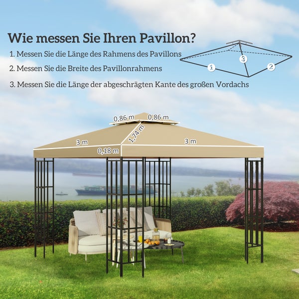Infografik zur Anleitung für das Messen eines Pavillons mit Maßen von 3 mal 3 Meter sowie Detailangaben zu Rahmen und Dachkanten.