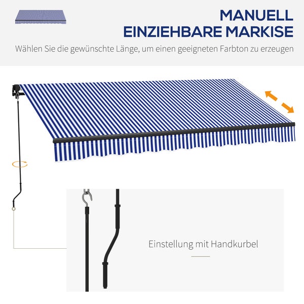 Outsunny Markise, Wandmontage Balkonmarkise mit Handkurbel,3 x 2,5 m, Alu, Blau+Weiß