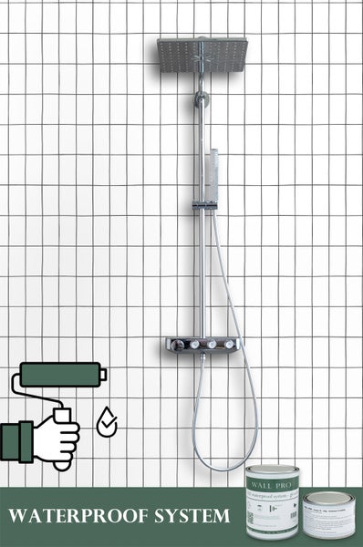 Abbildung eines Duschsystems mit zugehörigem Abdichtungssystem für Feuchträume.