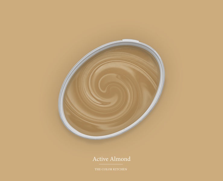 Draufsicht auf einen geöffneten Farbeimer mit der Wandfarbe Active Almond von The Color Kitchen.