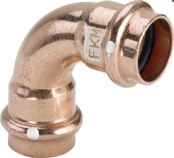 Pressbogen 90 Grad aus Kupfer mit FKM-Dichtung für Rohrverbindungen.