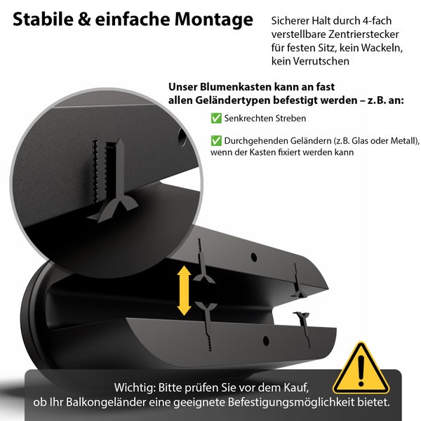 Detailaufnahme eines Blumenkastens mit verstellbaren Zentriersteckern zur Befestigung an Geländern
