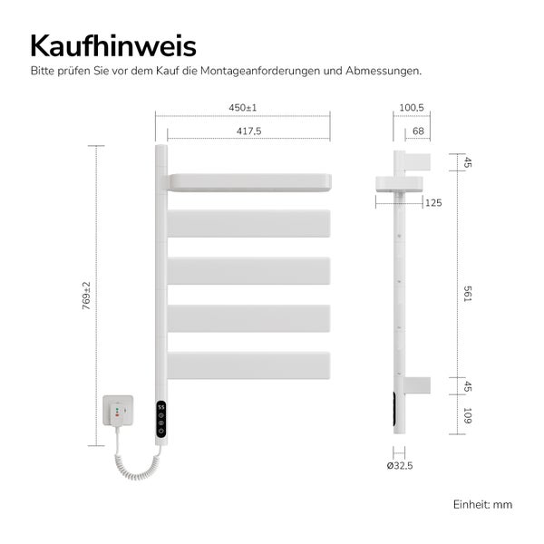 Technische Zeichnung eines elektrischen Handtuchheizkörpers mit Maßen in Millimeter. Höhe 769 Millimeter, Breite 450 Millimeter, Front- und Seitenansicht.