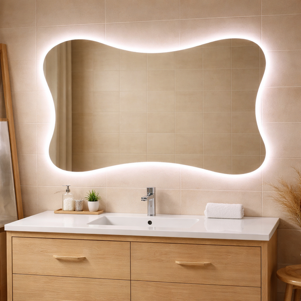 Badezimmerspiegel mit LED-Hintergrundbeleuchtung in organischer Form über einem Waschtisch aus Holz in einem hellen Badezimmer.