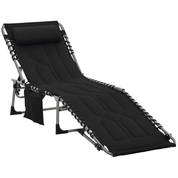 Klappbare Gartenliege in Schwarz mit Metallgestell, verstellbarem Kopfkissen und seitlicher Aufbewahrungstasche.