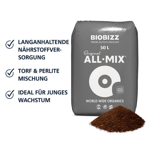 Biobizz All-Mix Blumenerde 50 Liter mit langanhaltender Nährstoffversorgung und Torf Perlite Mischung für junges Pflanzenwachstum.