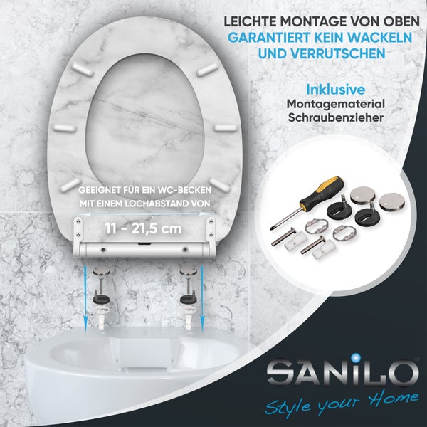 WC-Sitz mit Marmor-Optik, Montagematerial und Schraubendreher inklusive. Montage von oben, für Lochabstände von 11 bis 21,5 Zentimeter. Sanilo Logo.