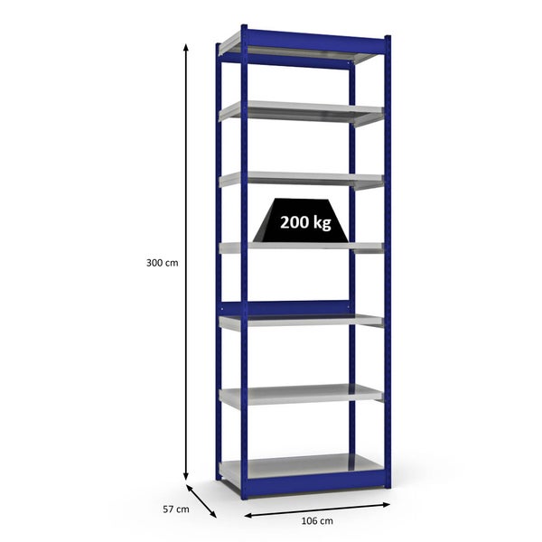 PROREGAL Fachbodenregal Stecksystem Vierkant-Profil Grundregal HxBxT 300 x 102,5 x 50 cm 7 Ebenen Einseitige Bauart Fachlast 200 kg Enzianblau