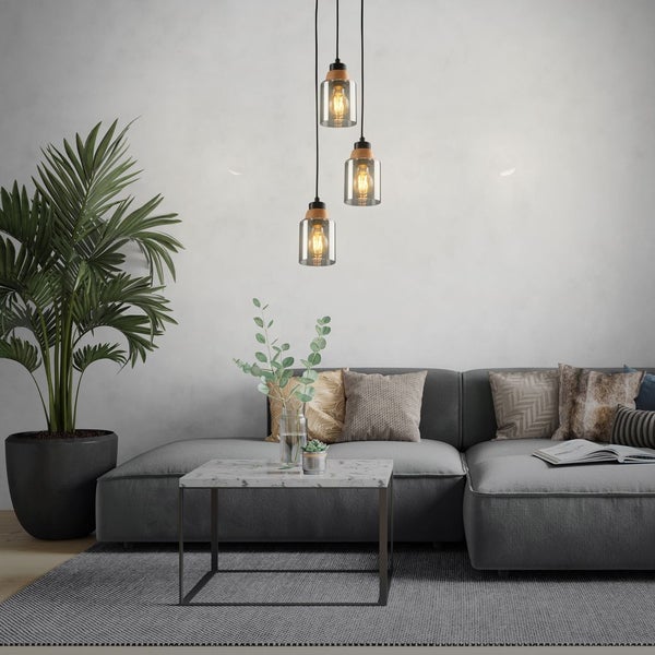 Pendant light, with wood, smoked glass, 3xE27/max.