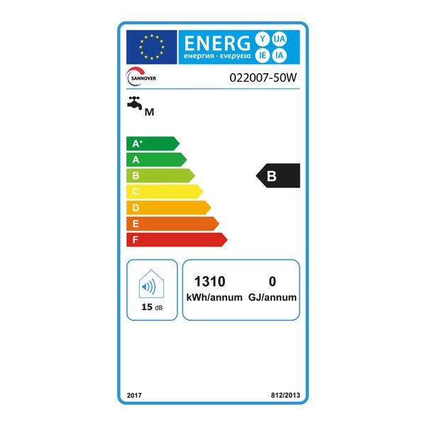 Europäisches Energielabel für Sannover 022007-50W Warmwasserbereiter, Klasse B, Profil M, 1310 Kilowattstunden pro Jahr, 15 Dezibel.