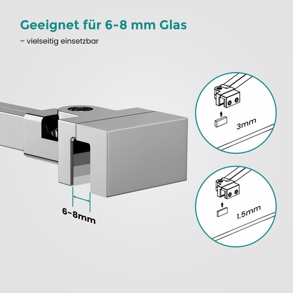 Glasklemme für Glasstärken von 6 bis 8 Millimeter, inklusive technischer Darstellung von 1,5 und 3 Millimeter Distanzstücken.