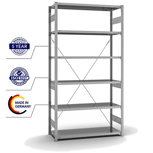 PROREGAL Fachbodenregal Stecksystem T-Profil Medium-Duty Grundregal HxBxT 250 x 130 x 50 cm 6 Ebenen Fachlast 230 kg Einseitig Nutzbar Verzinkt