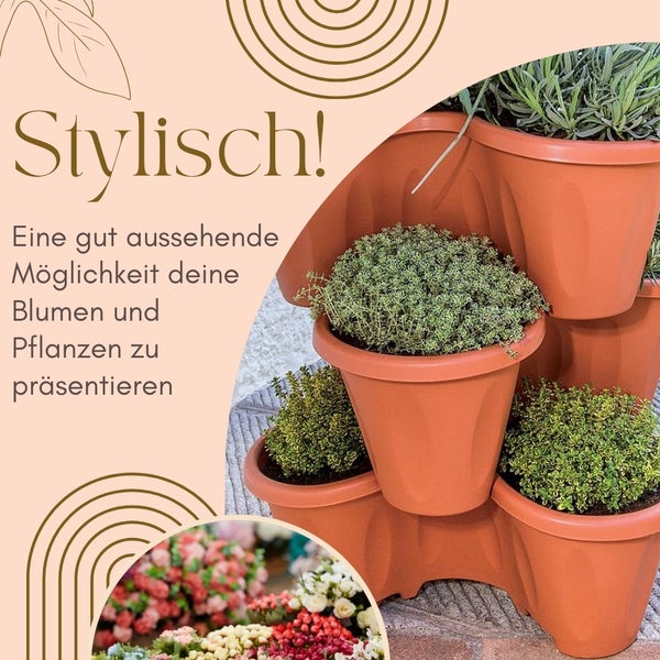 Pflanzturm Erdbeerturm Pflanzkübel auf Rollen Vertikaler Garten Kräuterspirale Säulentopf SET 3 Ebenen Kräutergarten Roller Blumentopf stapelbar grau