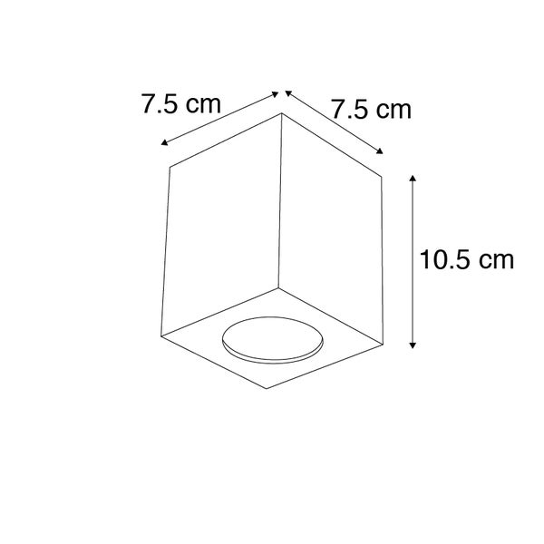 Technische Zeichnung einer Aufbaulampe mit den Maßen 7,5 x 7,5 x 10,5 cm.