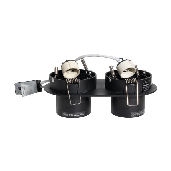 Zweiflammige Einbaustrahler-Halterung aus Metall für GU10 LED Leuchtmittel mit maximal 10 Watt.