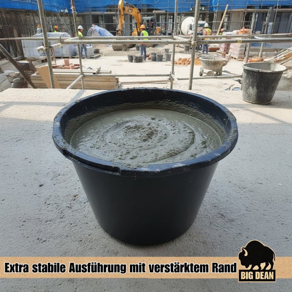 Schwarzer Maurereimer mit Beton auf einer Baustelle. Das Produkt ist robust mit verstärktem Rand und stammt von der Marke Big Dean.