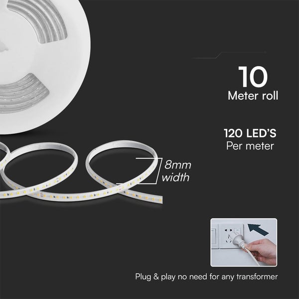 LED-Streifen auf Rolle, 10 Meter lang, 8 Millimeter breit, 120 LEDs pro Meter, steckerfertig