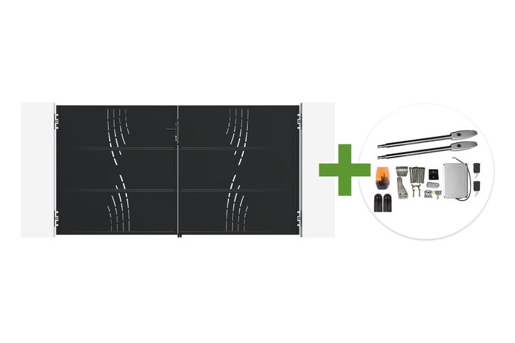 Doppelflügeltor mit dekorativen Stanzungen und elektrischem Torantrieb Set inklusive Zubehör für die Montage