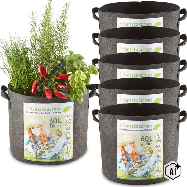 Set aus sechs runden Pflanztaschen mit 60 Liter Volumen aus Vliesstoff mit Tragegriffen für ein gesundes und nachhaltiges Pflanzenwachstum.