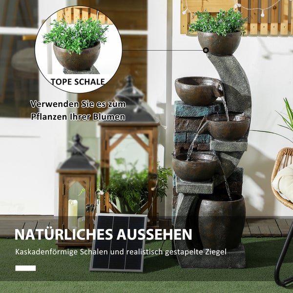 Kaskadenbrunnen mit Pflanzschalen und Solarpanel für den Garten
