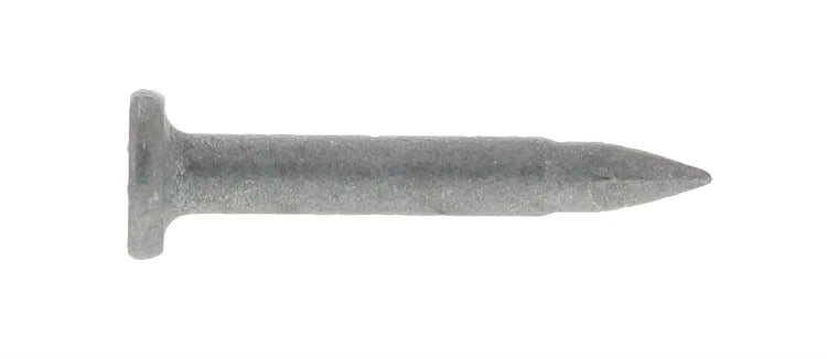 Ein einzelner Stahlnagel mit flachem Kopf und spitzer Form für Befestigungsarbeiten.