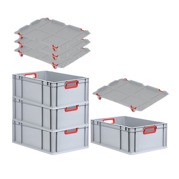 PROREGAL Spar Set 4x Eurobox Nextgen Color Mit Auflagedeckel & Schiebeschnappverschlüsse HxBxT 22 x 40 x 60 cm Griffe Rot Offen Verstärkter Boden