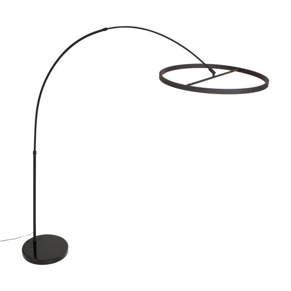 Moderne Bogenstehleuchte aus schwarzem Metall mit ringförmigem LED-Kopf.