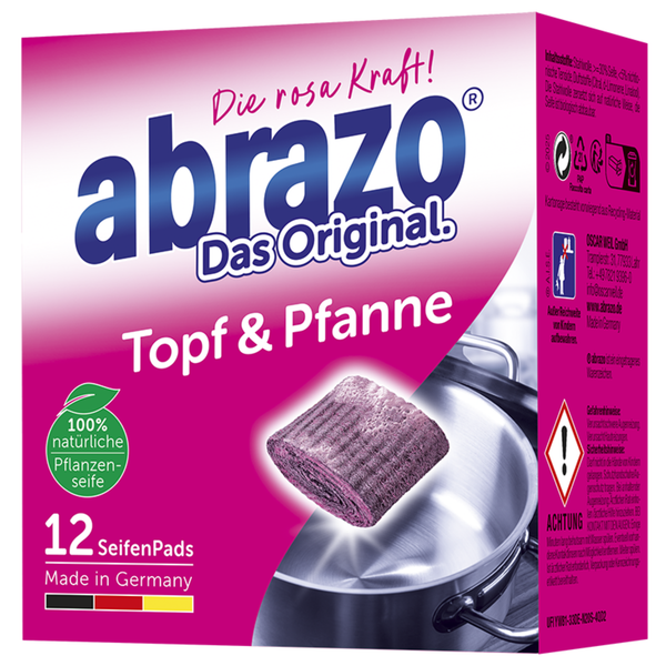 abrazo Seifenpads aus Stahlwolle mit natürlicher Pflanzenseife für die Reinigung von Töpfen und Pfannen, Packung mit 12 Stück.