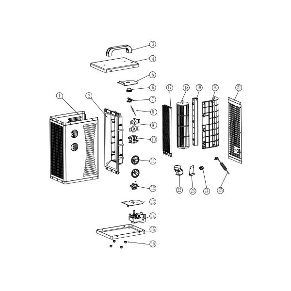 Explosionszeichnung eines Klimageräts, die Bauteile wie Gehäuse, Filter und Bedienelemente zeigt