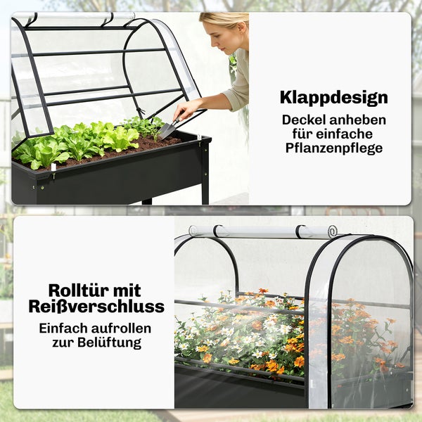 Hochbeet mit klappbarem Gewächshausdeckel zur Pflanzenpflege und Rolltür mit Reißverschluss zur Belüftung.