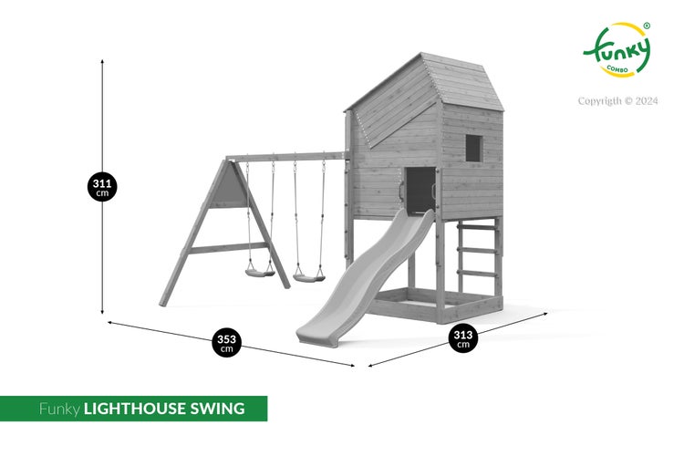 Spielturm aus Holz mit Spielhaus, Rutsche und Doppelschaukel. Maße: 311 Zentimeter hoch, 353 Zentimeter breit und 313 Zentimeter tief.