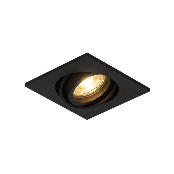 Quadratischer Einbaustrahler, schwenkbar, schwarz, mit eingeschaltetem Leuchtmittel.