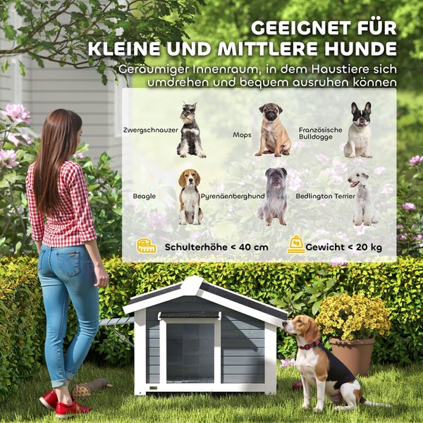 Graue Hundehütte für kleine und mittlere Hunde im Garten, geeignet für Tiere bis 20 Kilogramm Gewicht und unter 40 Zentimeter Schulterhöhe.