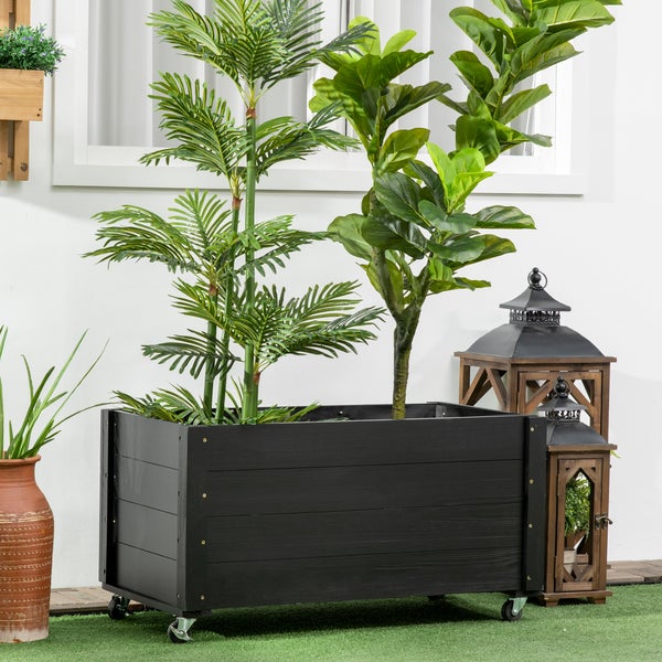 Holzpflanzkasten mit Rollen und Maßangaben