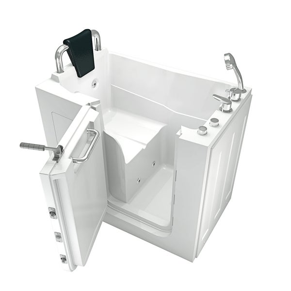 Geöffnete, weiße Badewanne mit Tür, Sitz, Armatur und Handtuchhalter