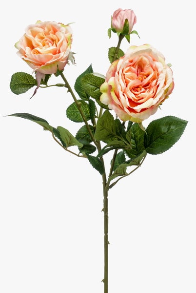 Künstlicher Rosenzweig in Aprikose mit zwei offenen Blüten, einer Knospe und grünen Blättern.